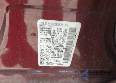 2011 Nissan Murano Sv z USA, uszkodzony, nr VIN JN8AZ1MW7BW184582